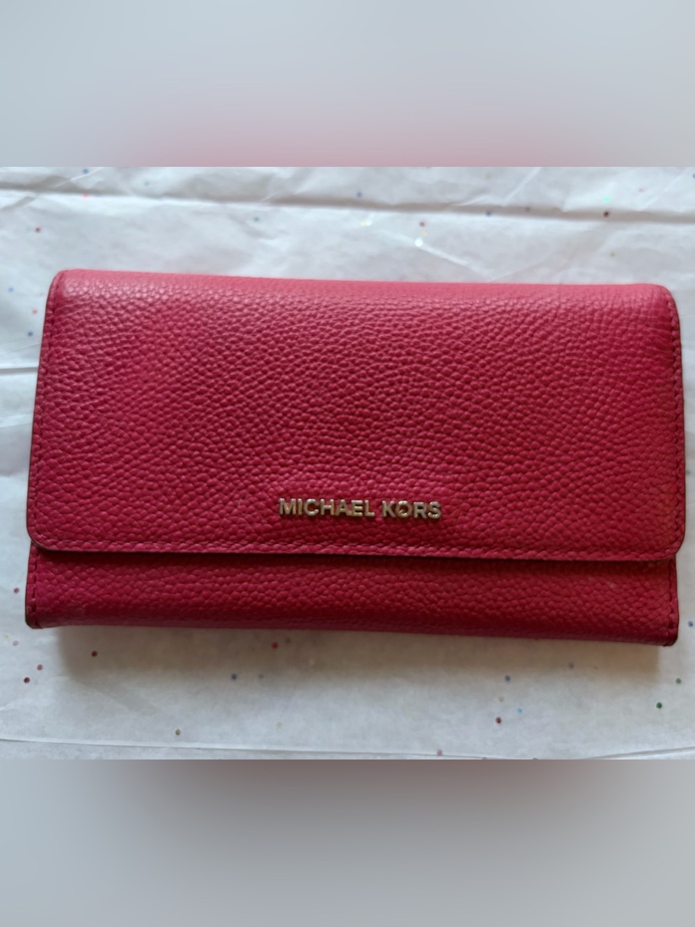 Michael Kors Red Pebbled Leather Continental Wallet with Gold Logo